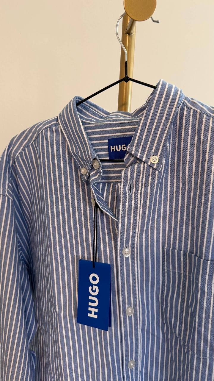 HUGO Men’s Blue Striped Shirt 100% Cotton Modern Fit M $171 NWT