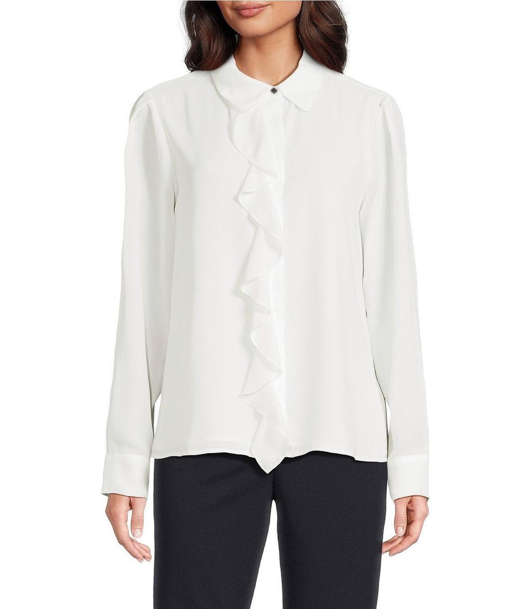 Calvin Klein Point‑Collar Ruffle Button‑Front Blouse – White– Size M – NWT– $89