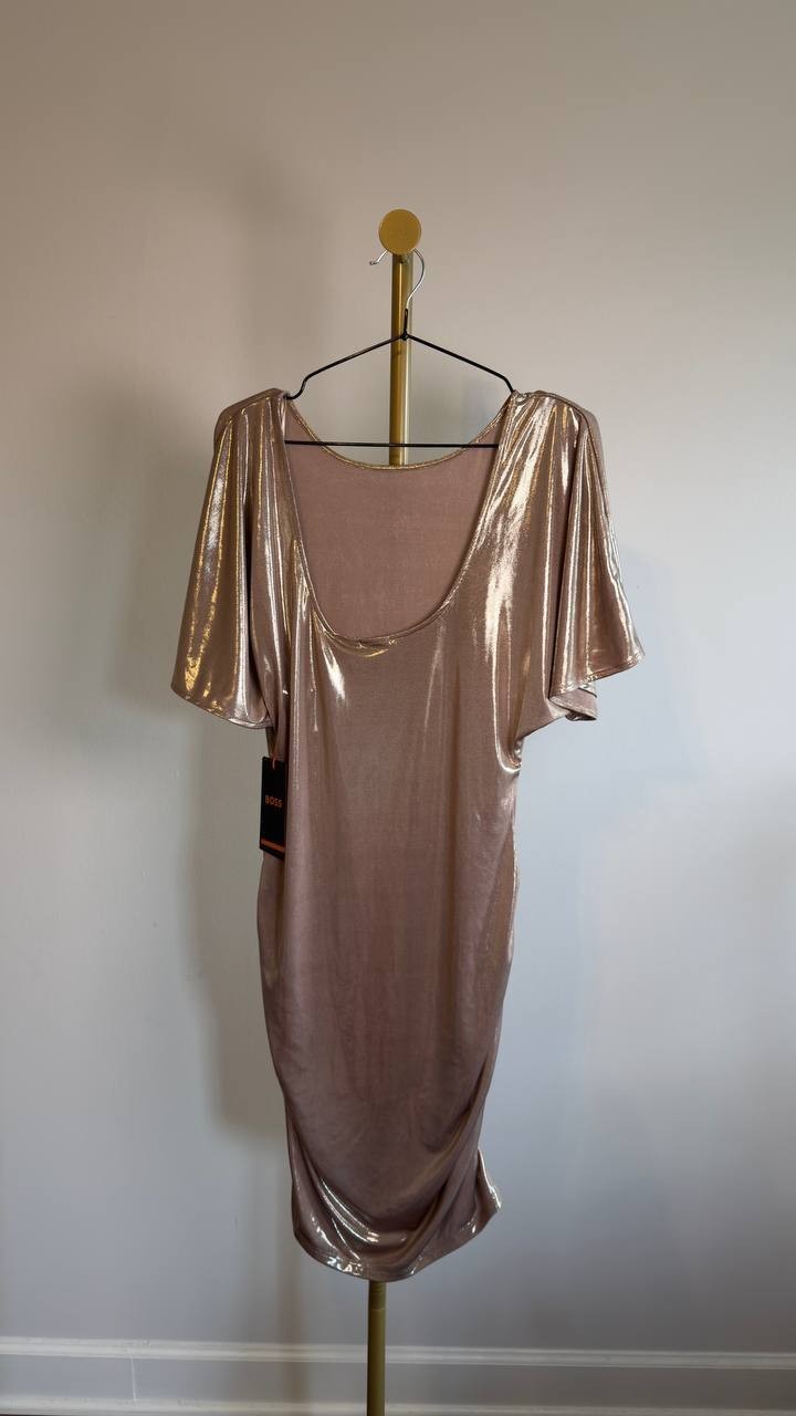 BOSS Orange Lamé Ruched Mini Dress Women’s L Beige NWT $149