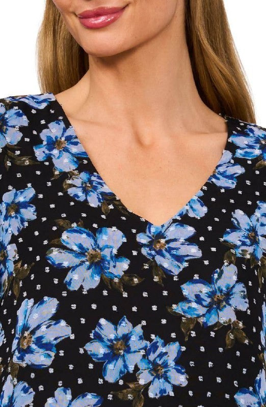 CeCe Print Ruffle‑Cuff Top – Blue Floral – Size S – NWT – $59