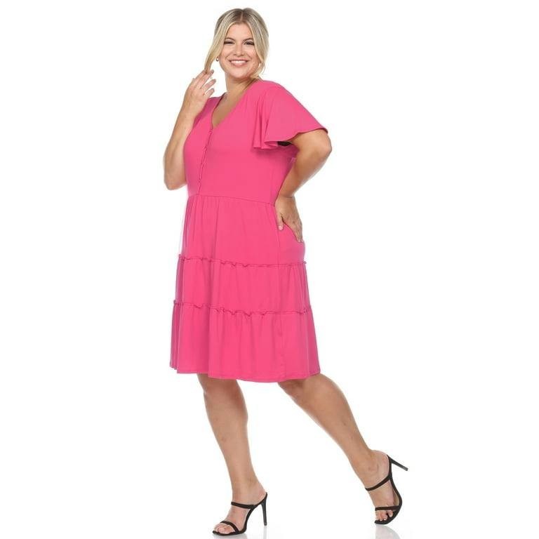 White Mark 2XL Tiered V-Neck Dress NWT Fuchsia Flutter Sleeve Plus Size