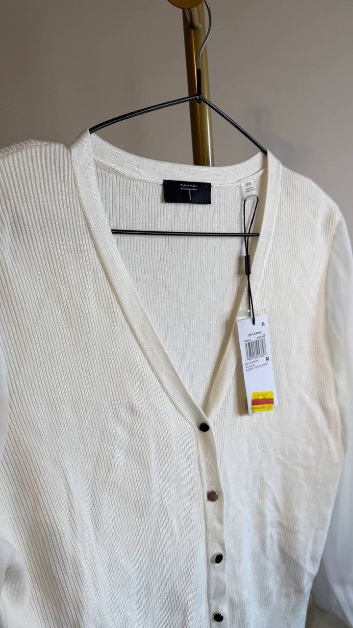 T Tahari Women’s Blouson Sleeve Cardigan White Star M $78 NWT