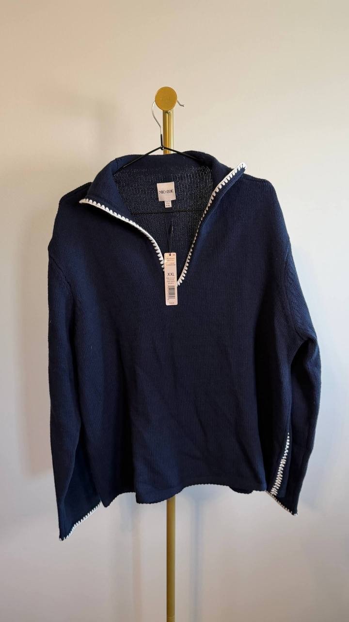 NIC+ZOE Plus Women’s Blanket Stitch Sweater Navy XXL $148 NWT
