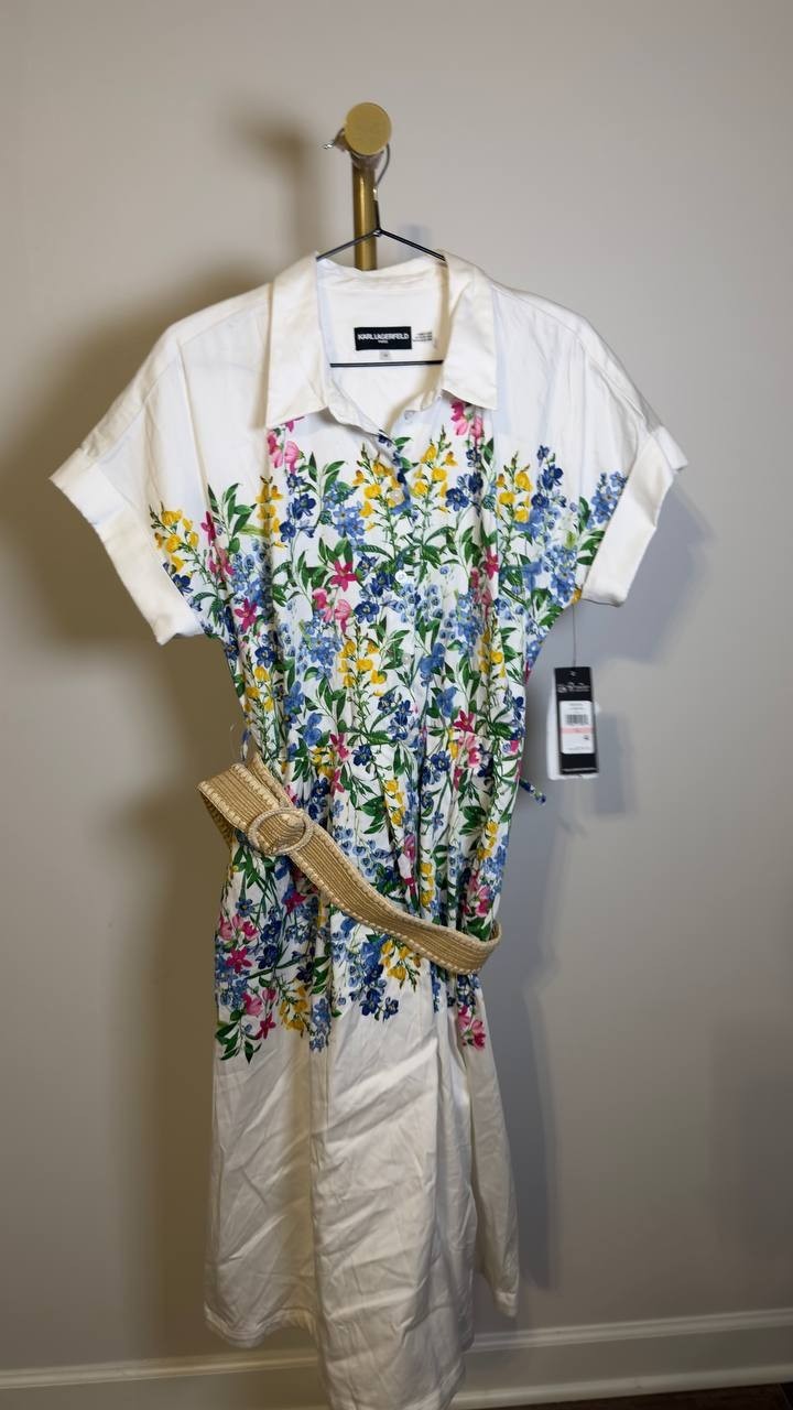 Karl Lagerfeld Paris Placed Floral Print Belted Midi Shirtdress White 10 NWT $50