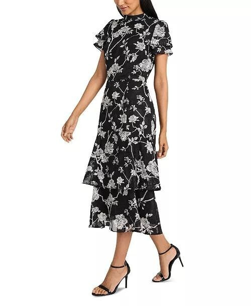 Maggy London Floral Jacquard Tiered Fit & Flare Dress White/Black 2 NWT $158
