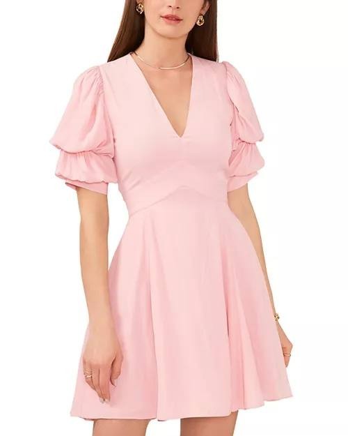 1.STATE Bubble Sleeve V‑Neck Fit & Flare Dress Light Pink L NWT $89