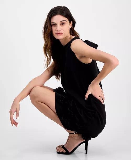 Anne Klein Jewel‑Neck Rosette‑Trim Shift Dress Black 6 NWOT $149