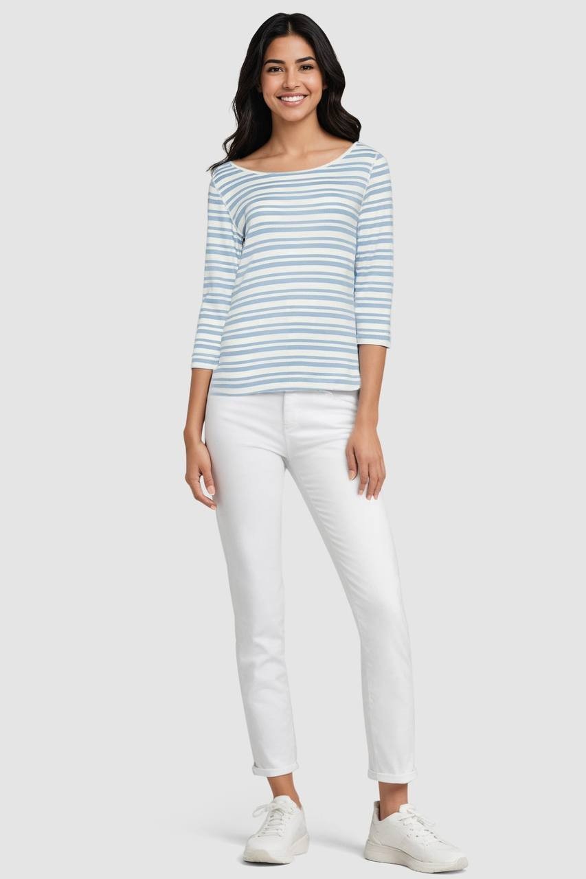 Three Dots Boatneck Striped Tee, Faded Denim, Size M, NWT, 100% Cotton