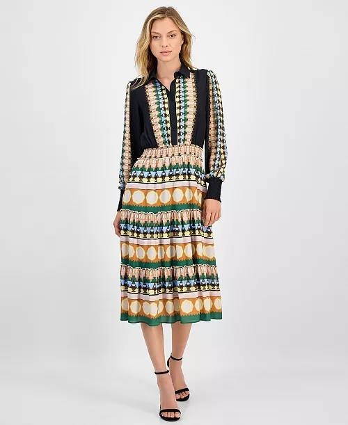 Tahari Dress L Multicolor Smocked Waist Printed Midi Half-Placket NWT $148