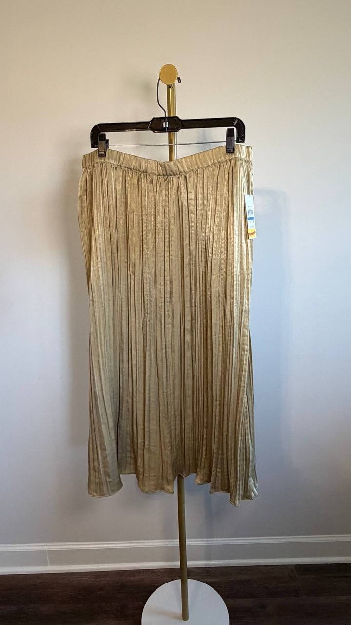 DKNY Crushed Crease Pull‑On Midi Skirt Pale Moss XL NWT $99