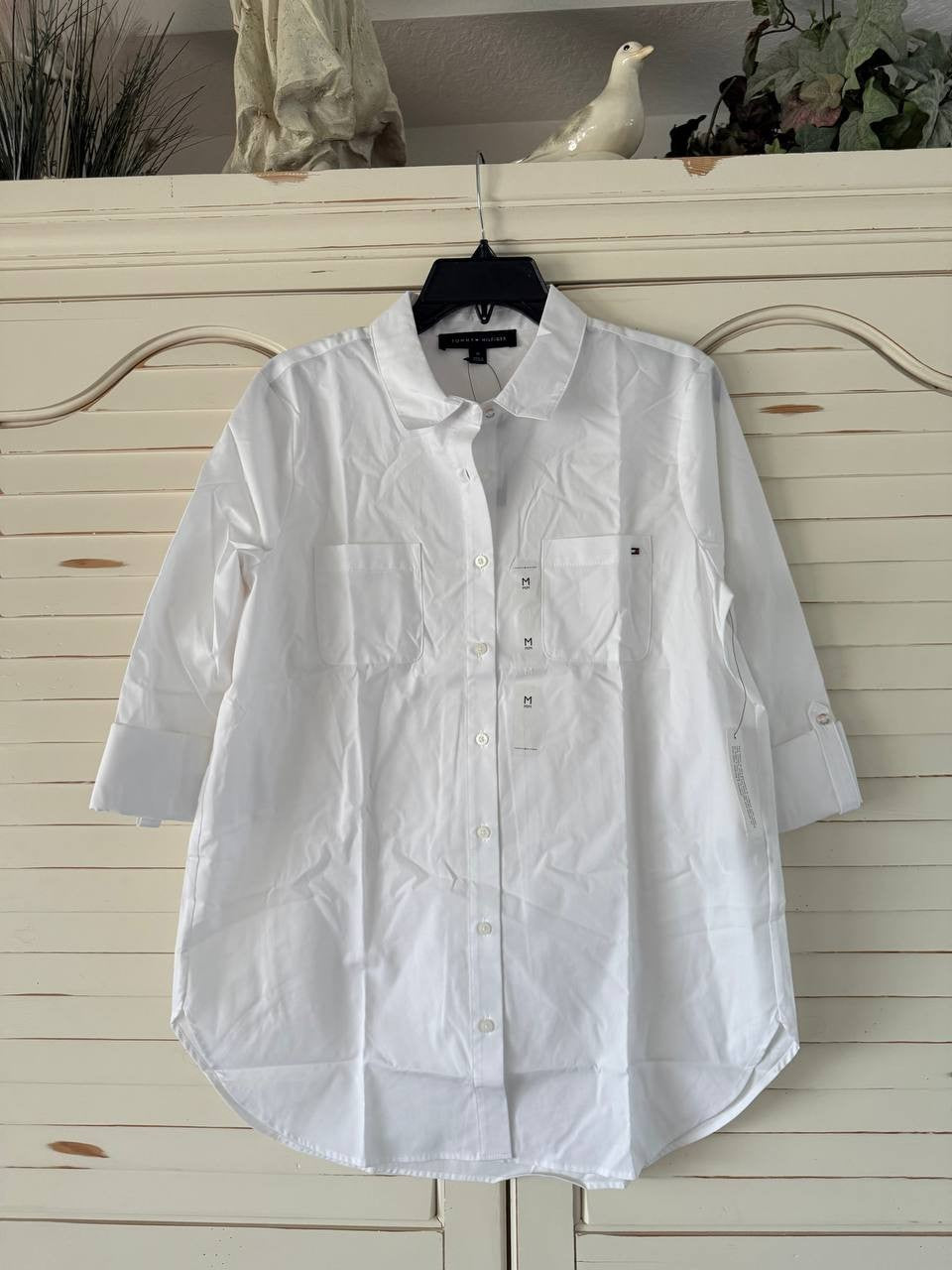 Tommy Hilfiger Tunic M White Long Sleeve Cotton Collared Shirt Curved Hem NWT
