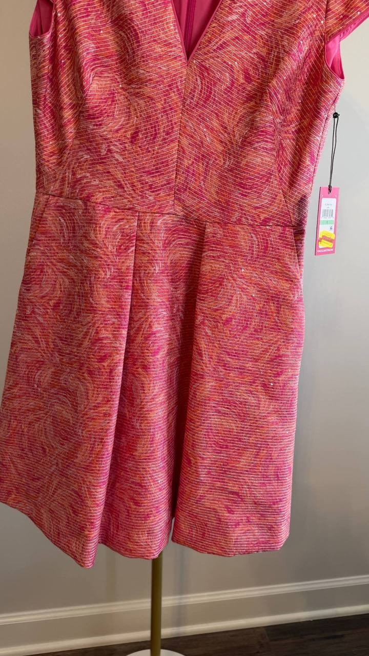 Vince Camuto Metallic Floral Jacquard Fit & Flare Dress Pink 8 $178 NWT