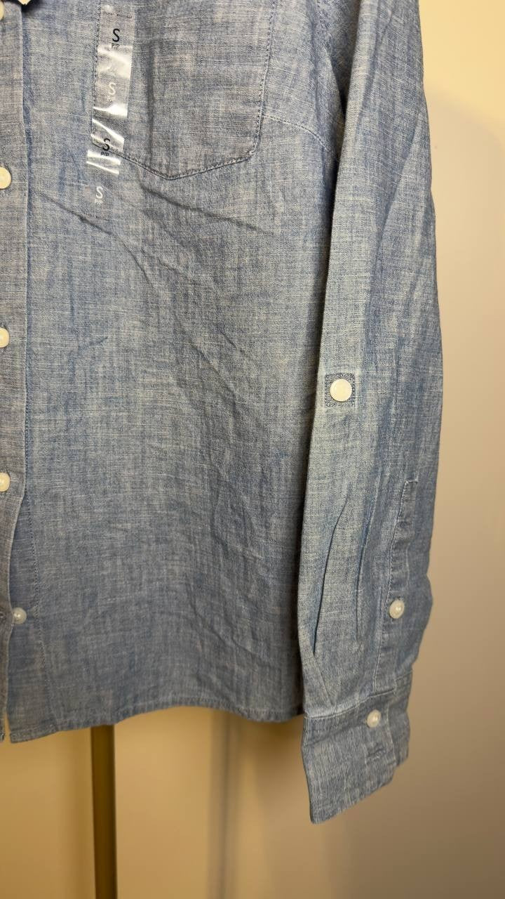 Tommy Hilfiger Chambray Roll‑Tab Button‑Front Shirt Mid Blue S NWT $79.50