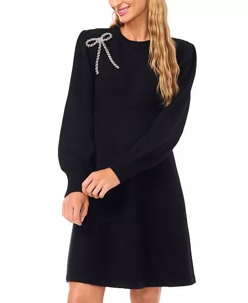 CeCe Bow Applique Sweater Dress Rich Black XL NWT $99