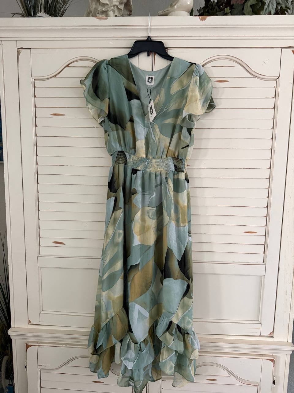 Anne Klein Floral Smocked-Waist Midi Dress – Green Multi, Size 8