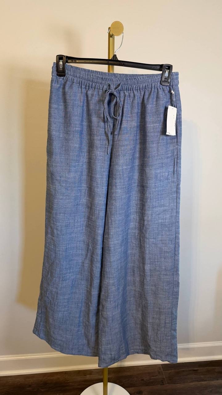 Parker The Rosalie Drawstring Wide-Leg Chambray Pants Blue M $99 NWT