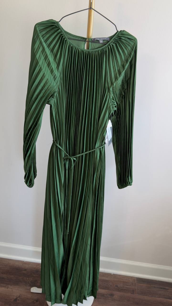 Julia Jordan Pleated Long Sleeve Waist Tie Maxi Dress Green 12 NWT $149