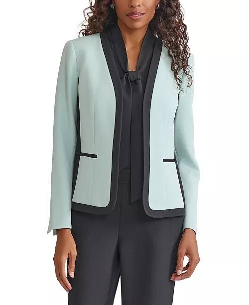 Kasper Blazer 12P Blue Petite Contrast Trim Open Front Long Sleeve Career NWT