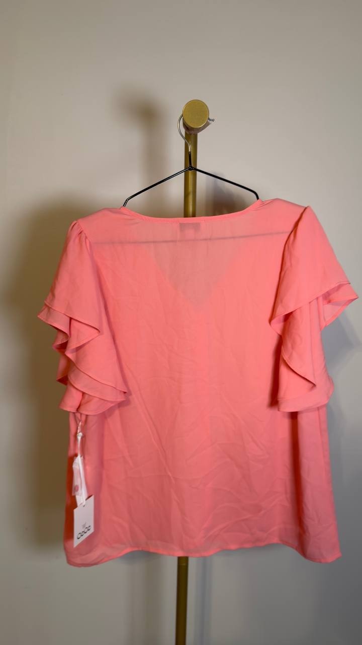 CeCe Women’s Double Flutter Sleeve Shirred Shoulder Top Coral Bloom M NWT $69