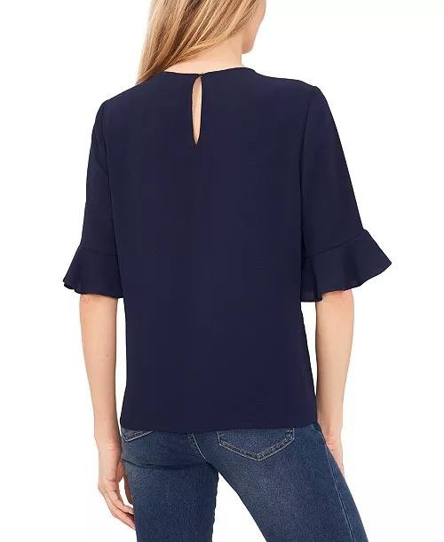 CeCe Crewneck 3/4-Sleeve Ruffled Cuff Blouse Classic Navy M NWT $49