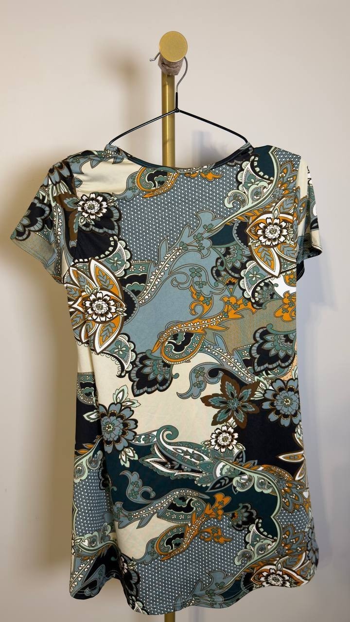 24seven Comfort Apparel Women’s Floral Print V‑Neck Top Blue/Ivory M NWT $67