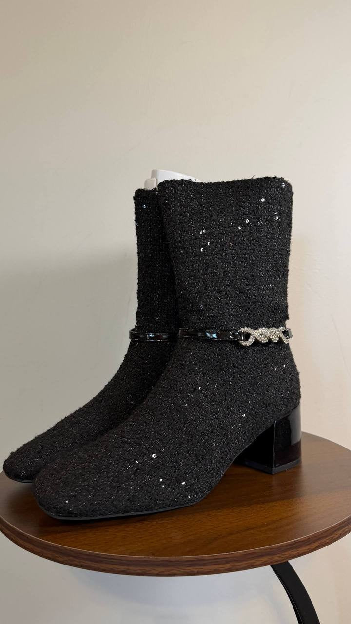 Kenneth Cole Reaction Lacey Booties 8.5M Black Fabric Square Toe NIB msrp$129