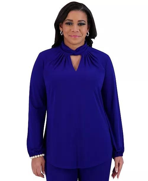 Kasper Twisted Mock Neck Long‑Sleeve Top Blue S NWT $69