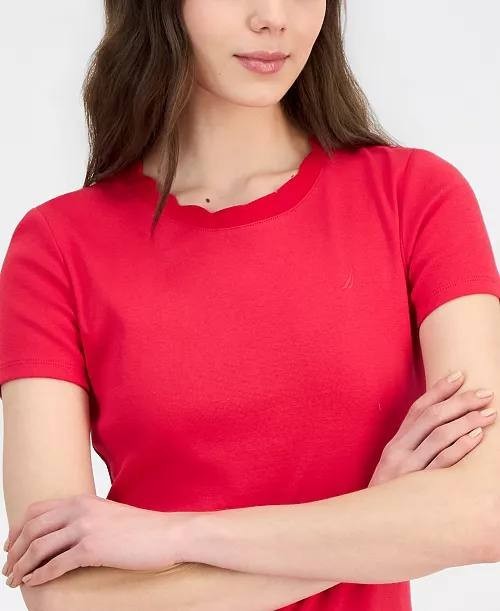 Nautica Women’s Scallop-Trim Cotton Short-Sleeve T-Shirt Red L NWT $39.50
