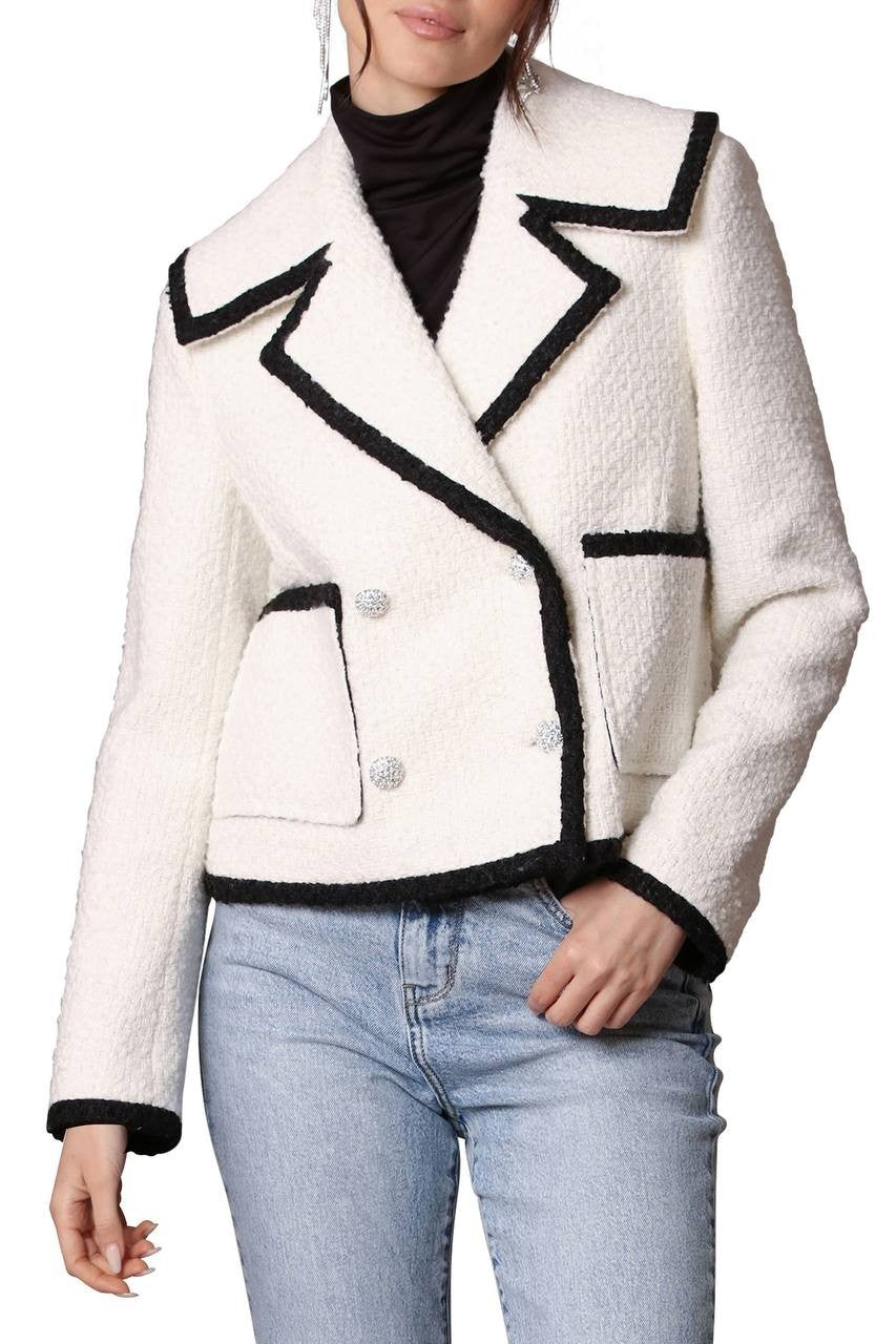 Avec Les Filles Tweed Double‑Breasted Tipped Jacket Cream M NWOT $169