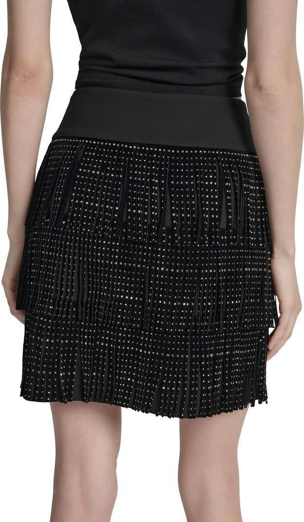 DKNY Black Stud Fringe Miniskirt Size 12 NWOT Broken Zipper Stylish Night Out