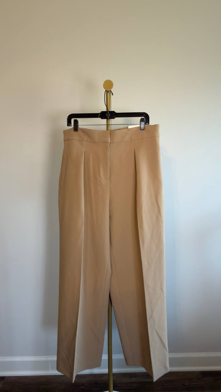 Anne Klein High-Rise Pleated Wide-Leg Twill Pants Beige 16 NWT $99