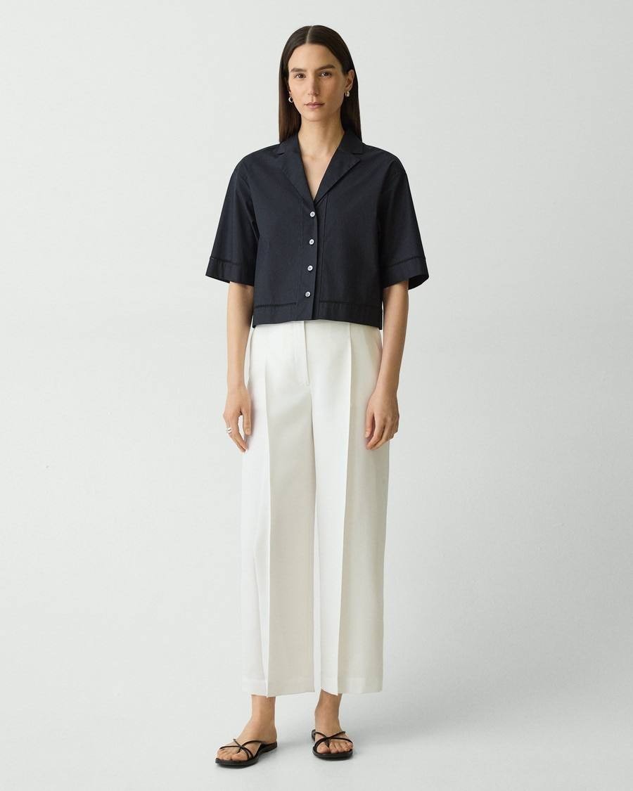 Theory Deep Pleat City Twill Wide‑Leg Pant 0 Ivory NWT $245