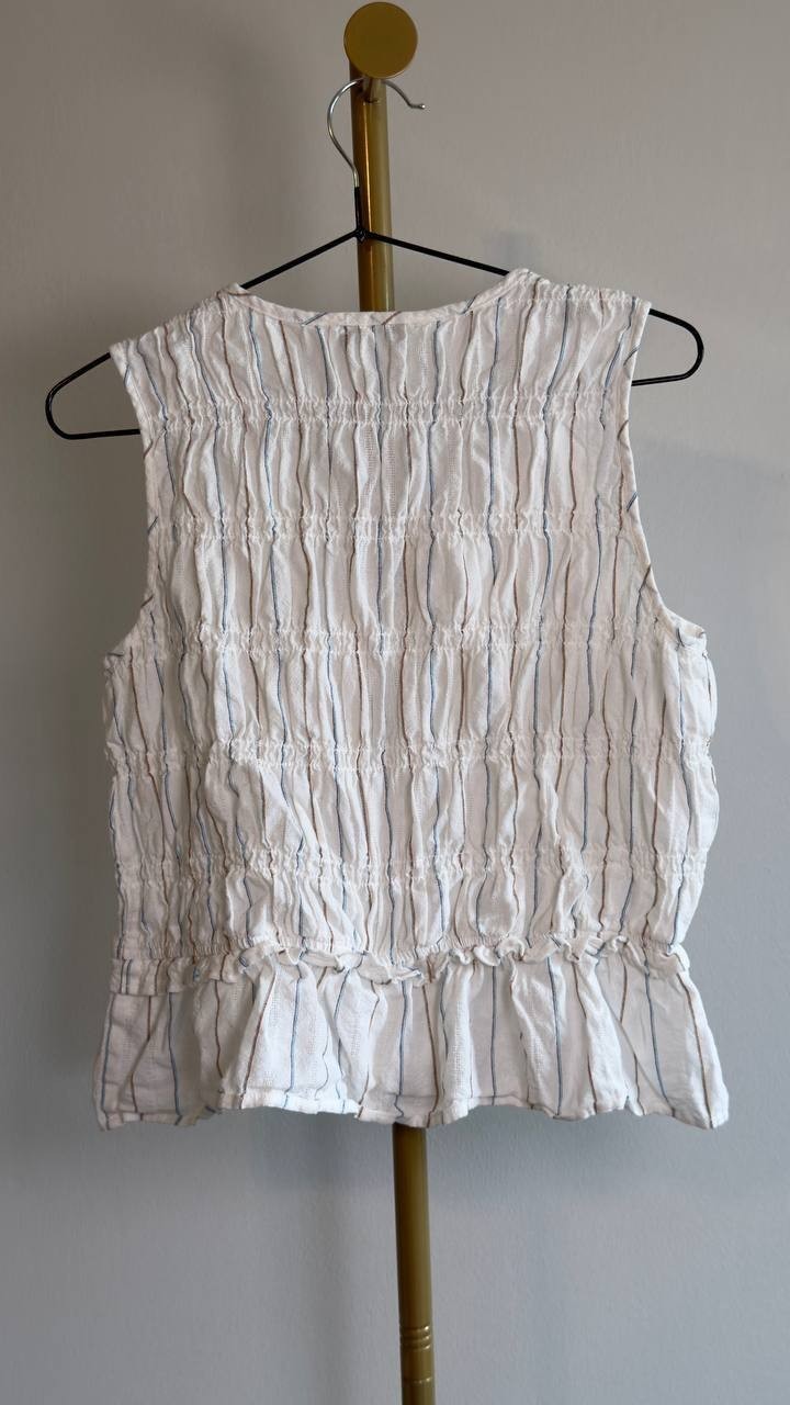 Liverpool LA Stripe Smocked Tie Sleeveless Cotton Tank Cream Blue S NWOT $89