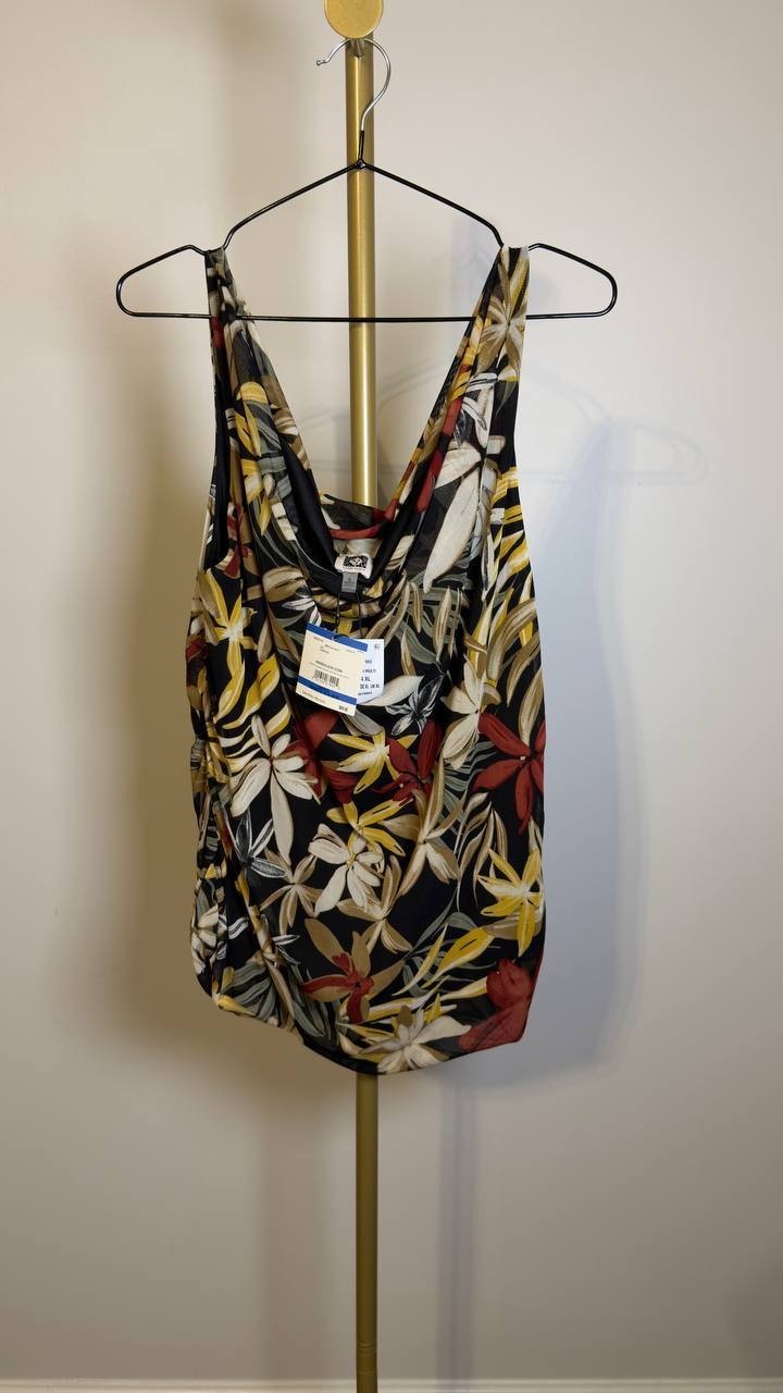 Anne Klein Printed Ruched Draped‑Neck Mesh Top Floral XL NWT $69