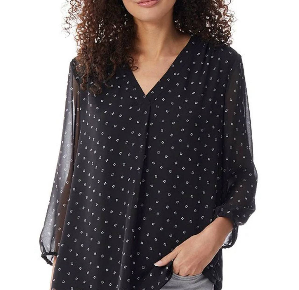Jones New York V-Neck 3/4 Sleeve Printed Blouse Black Size XL NWT $69.50