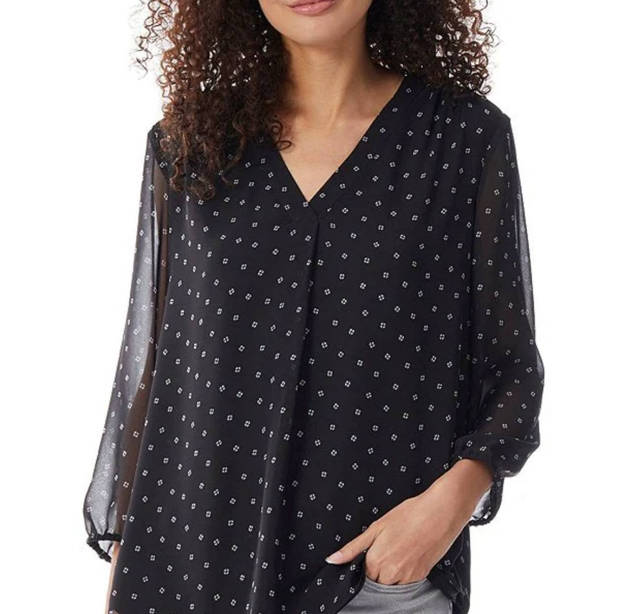 Jones New York V-Neck 3/4 Sleeve Printed Blouse Black Size XL NWT $69.50
