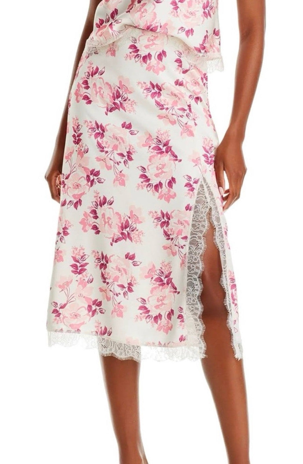 Lucy Paris Reza Lace Trim Skirt Women's L Pink Cream Floral Print Zip Closure