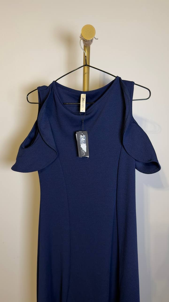 24seven Comfort Apparel Ruffle Cold Shoulder A‑Line Maxi Dress Navy M NWT $90