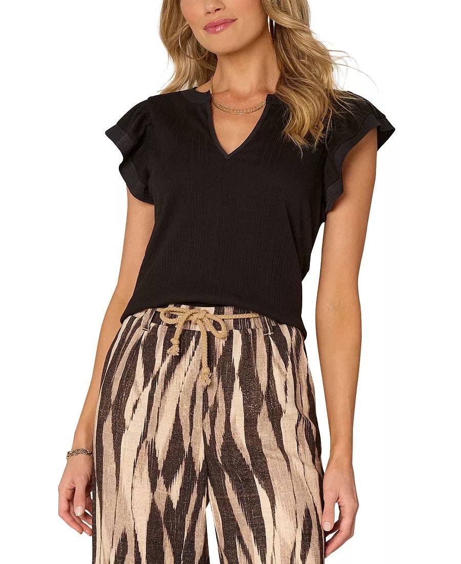 Democracy Petite Flutter Sleeve Top, NWT, Black Split Neck, Size PM