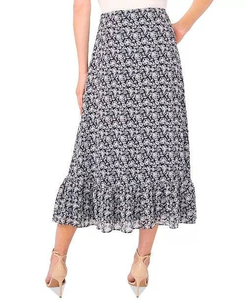 CeCe Printed Ruffle-Hem Midi Skirt Size 12 Night Shade NWT $69