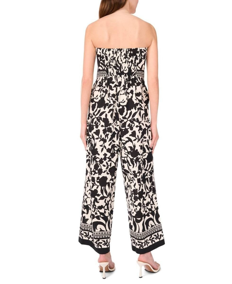 MSK Strapless Smocked Floral Wide‑Leg Jumpsuit Black XL NWT $119