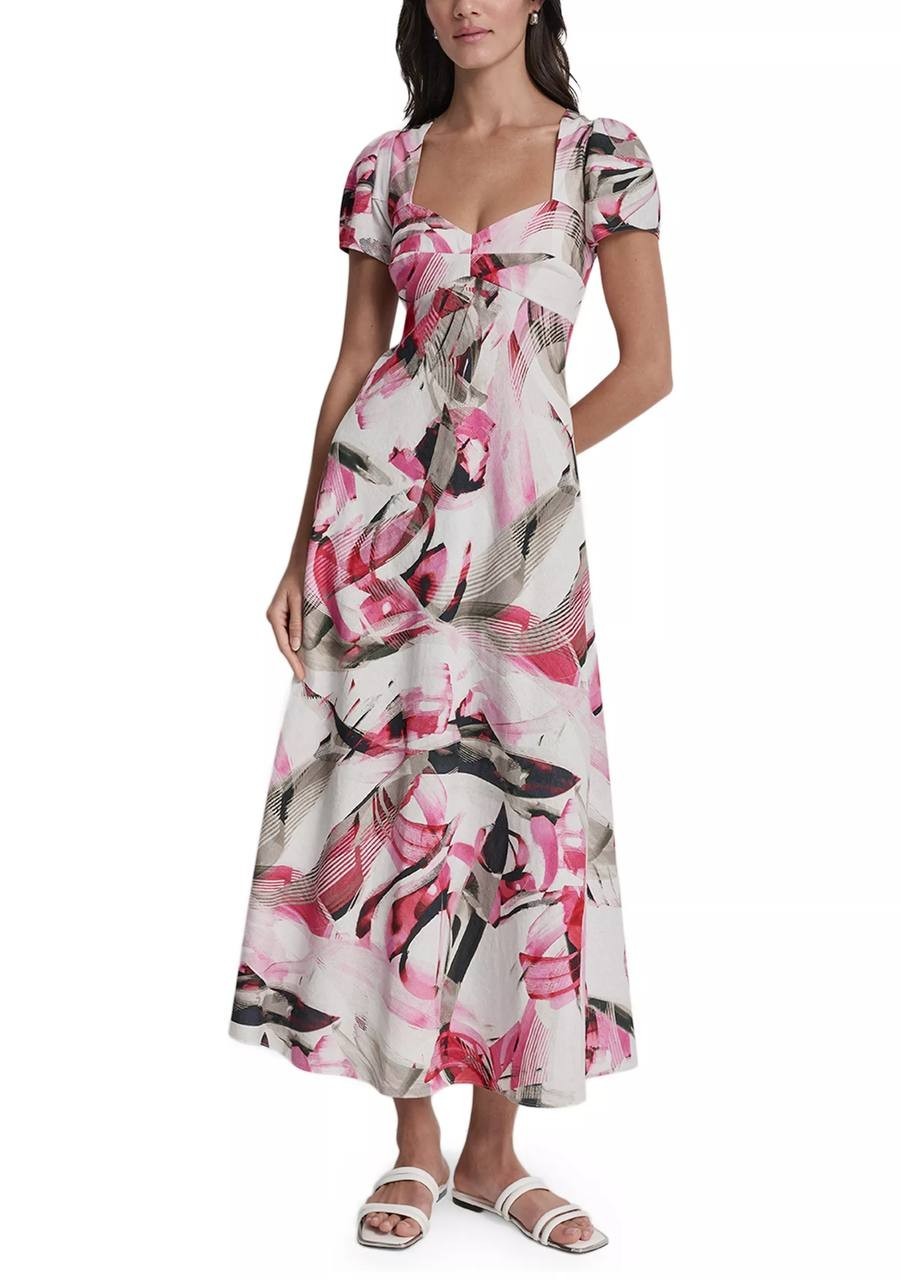 DKNY Women’s Puff Sleeve Asymmetrical Printed Dress Spring Wisteria 8 NWT $149