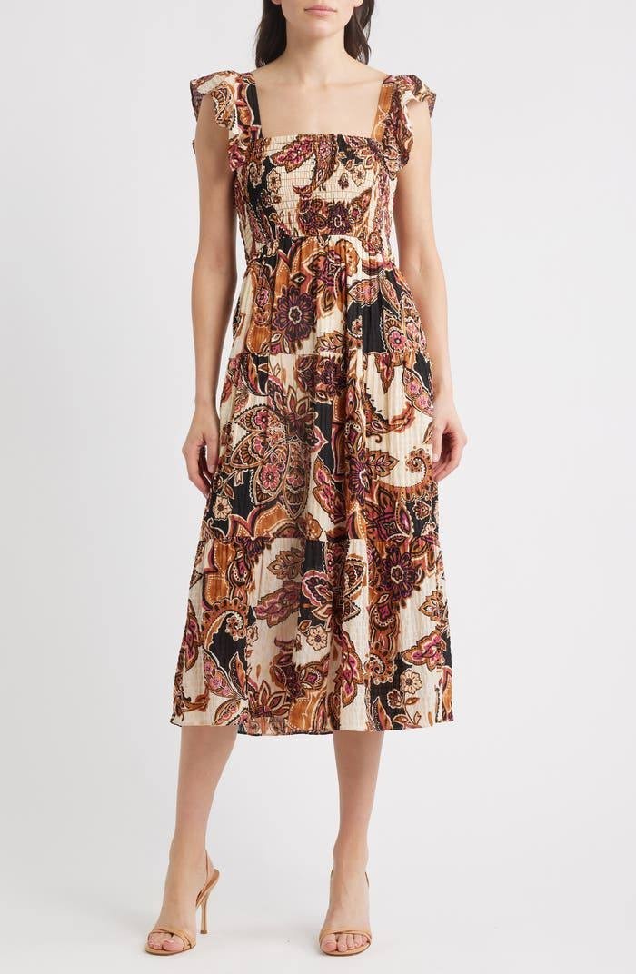 Vince Camuto Paisley Tiered Midi Sundress Brown Mult M $108 NWT