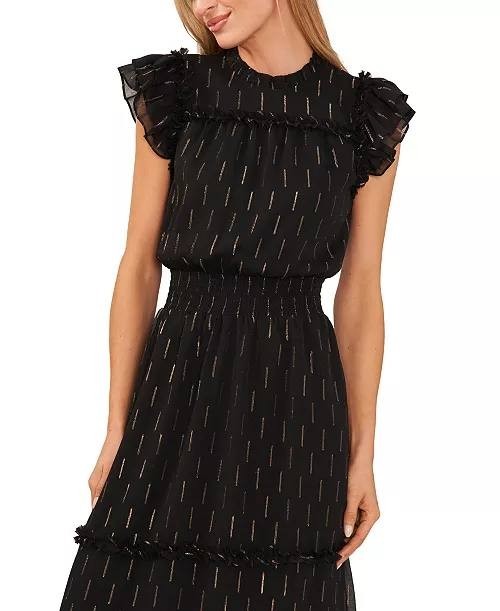 CeCe Metallic‑Print Ruffled Smocked‑Waist Midi Dress – Size S – NWT – $129