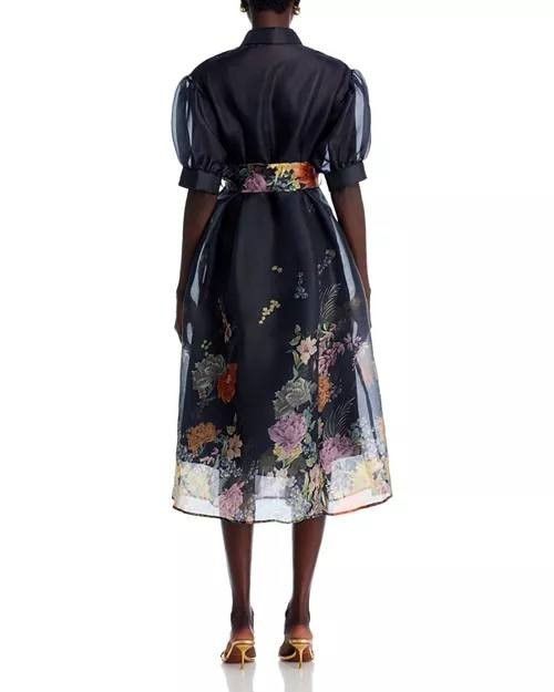 Nancy Yang Floral Print Dress Black Puff Sleeve Belted Size S NWT $195
