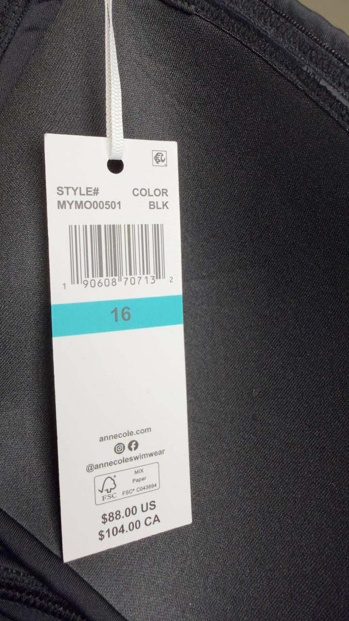 Anne Cole Twist Front Shirred One Piece Swimsuit Black 16 NWT $88