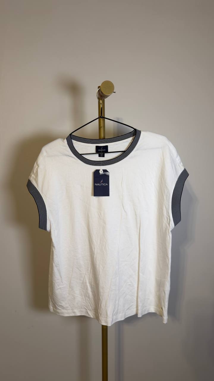 Nautica Striped-Trim Short Sleeve T-Shirt White M NWT $44.50