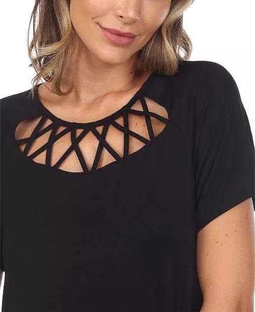 White Mark Crisscross Cutout Short Sleeve Top Black L NWT $52