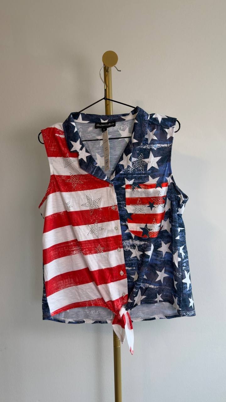 Thomas & Olivia Sleeveless Flag Button‑Front Shirt Red Multi L NWT $26