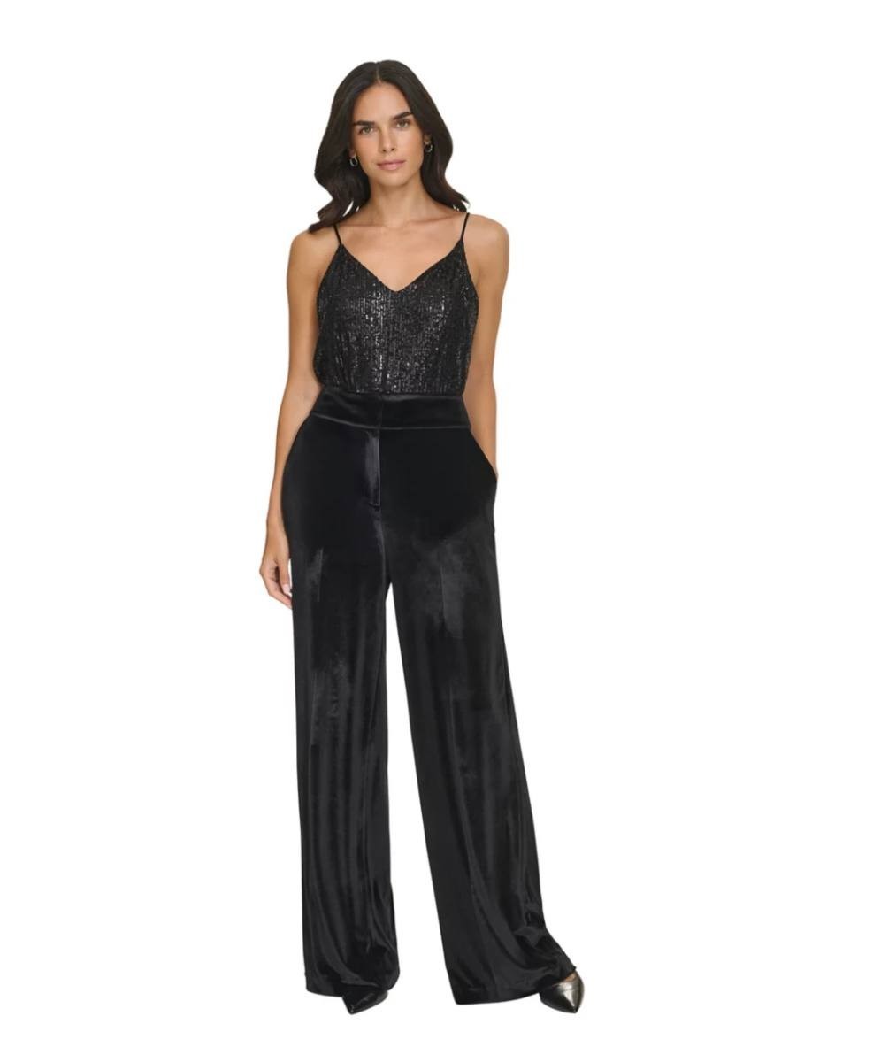Calvin Klein Velvet Pants 10 Black Wide-Leg High Rise Stretch NWT MSRP 99$